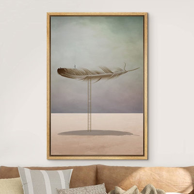 Whimsical Desert IDEA4WALL Framed Canvas Print Wall Art Surreal Floating Bird Feather Landscape Fantasy & Sci-Fi Abstract Illustrations Modern Art Bohemian Scenic For Living Room, Bedroom, Office