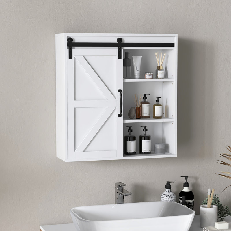 Pharmacie à tablette réglable de style blanc pour salle de bain avec porte coulissante et tablette, blanc, gracieux