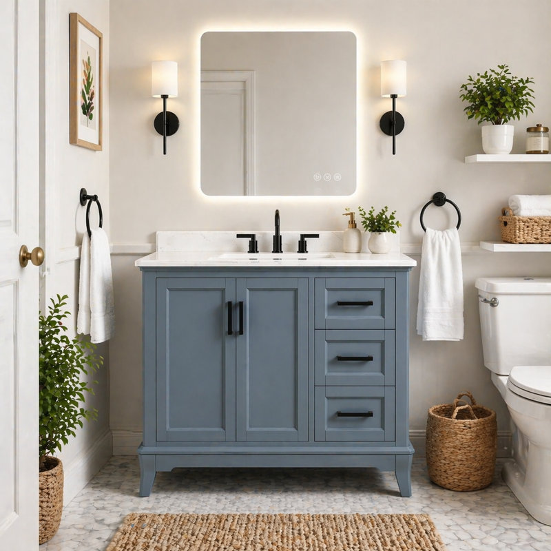 Rawsonville 42" Free Standing Single Bathroom Vanity with Quartz Top, Steel Blue, 42"