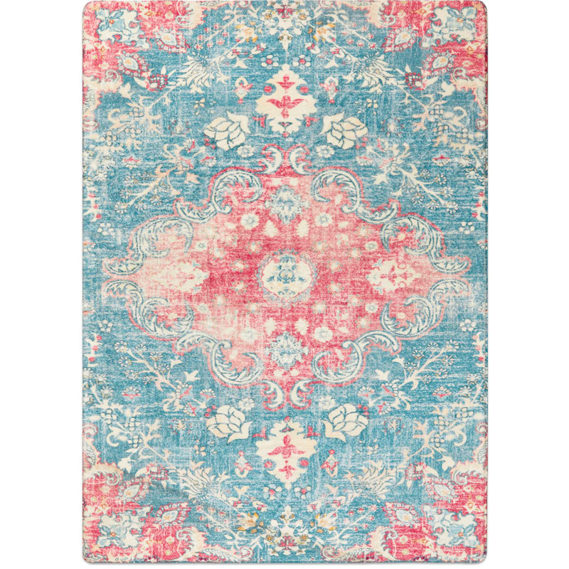 Juanelle Performance Washable Indoor Rug, Retangle 3' x 5', Turquoise & Pink