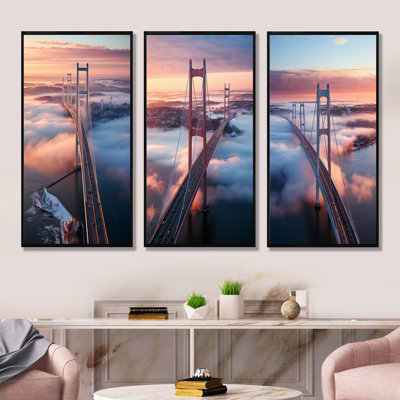 «Blue and Pink Bridge Sunset Views I - Bridges», ensemble de 3 reproductions d'art mural