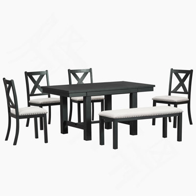 Farmhouse 82inch 6-Piece Extendable Dining Table with Footrest, 4 Upholstered Dining Chairs and Dining Bench, Two 11"Removable Leaf, Beige Cushion
