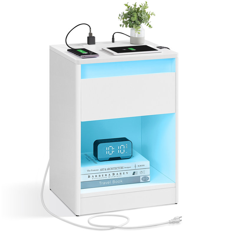Side End Table With Adjustable Led Lights, White