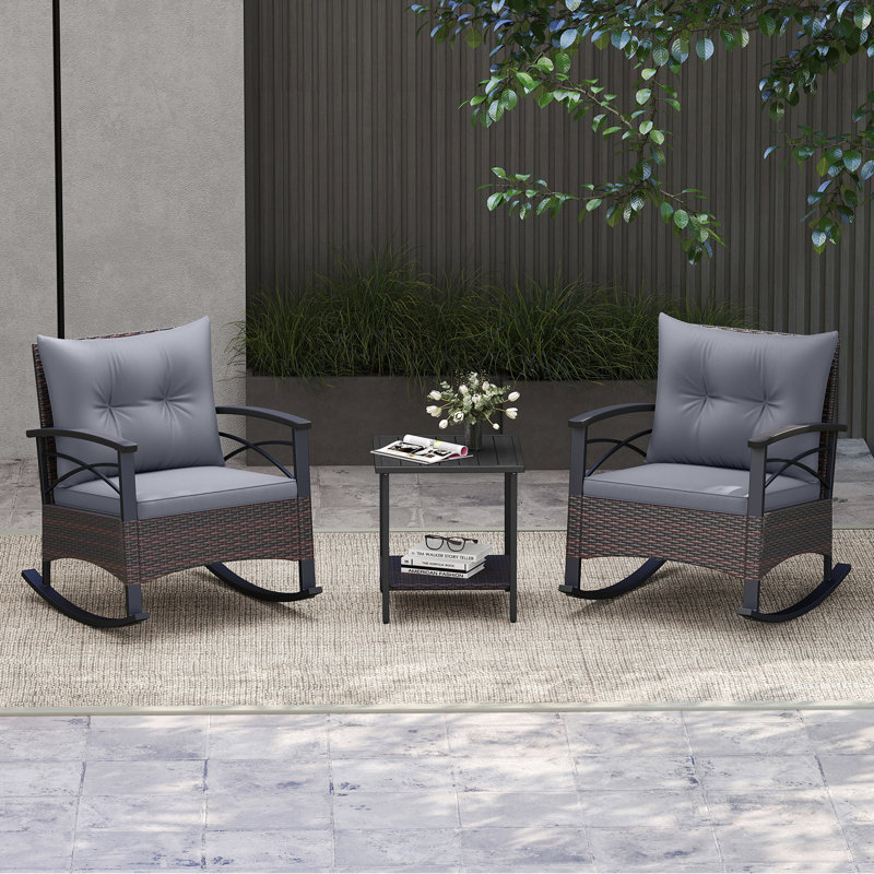 Winston Porter 3 Pcs Patio Rocker Set With 2-tier Coffee Table & Soft Seat Back Cushions Outdoor