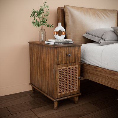 Wood Rattan Side Table with Storage