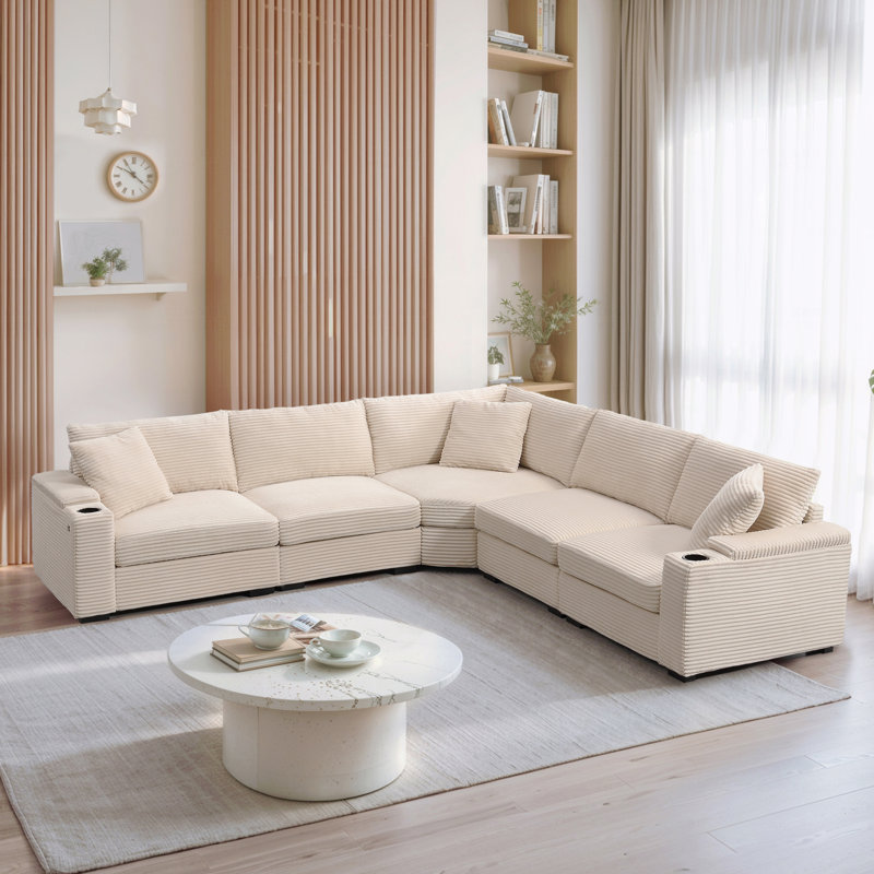 Canapé modulaire convertible en forme de L de 106 po, canapé d'angle en velours côtelé avec rangement pour accoudoirs, porte-gobelets, chargeur USB, coin irrégulier, canapé modulaire surdimensionné et confortable pour le salon, un appartement