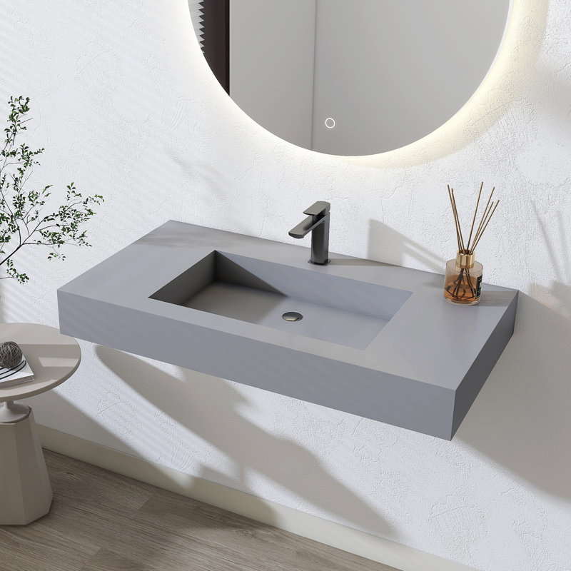35'' Rectangular Stone Resin Single Bathroom Sink With Faucet Hole, Gray