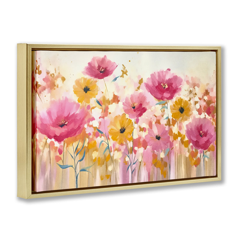 Cadre flottant rose et jaune Blooming Whimsy, design par Andrea Haase, Cadre flottant métallique doré, H 17 po x l 25 po