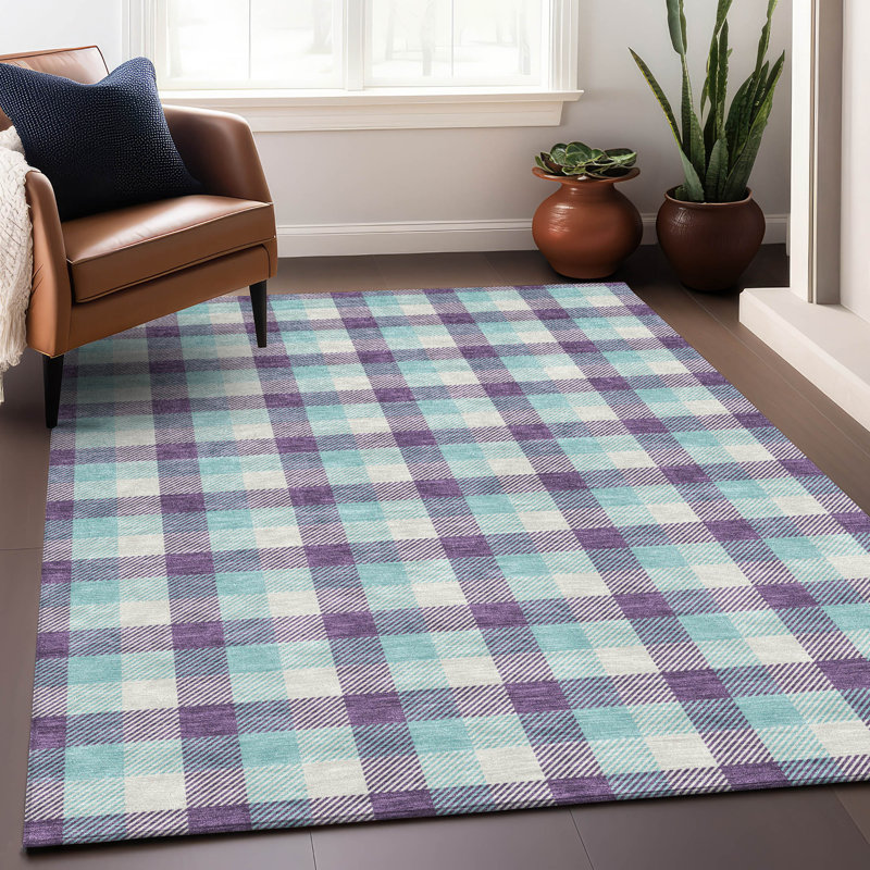 Purple and Aqua Plaid Washable Synthetic Area Rug