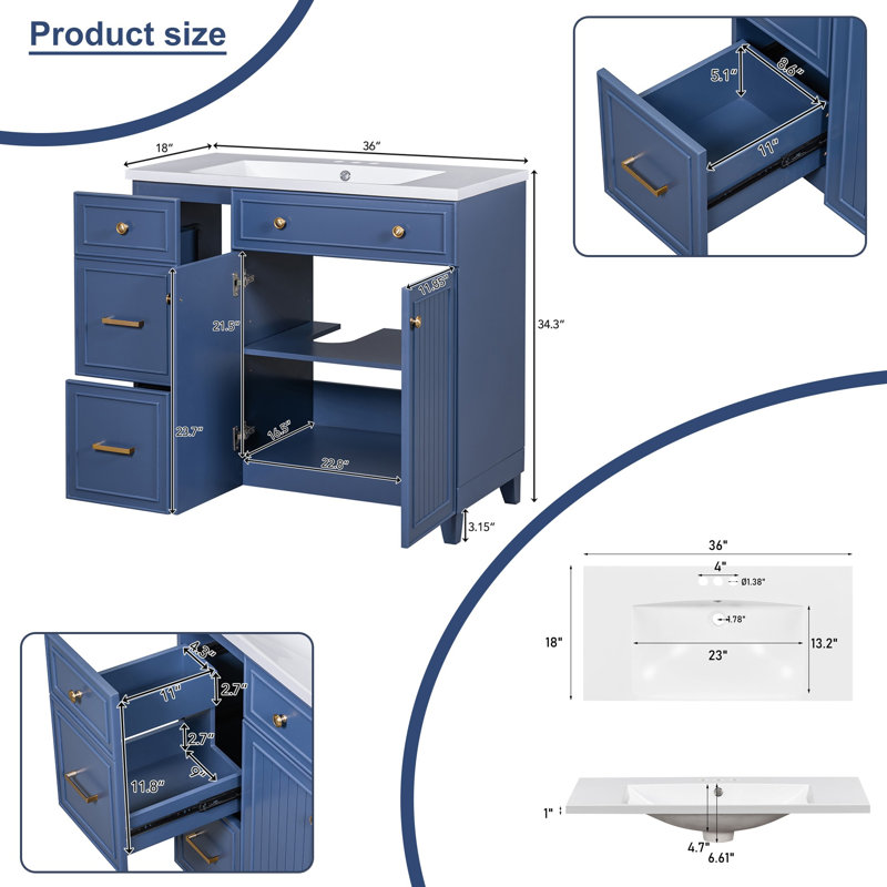 Meuble-lavabo 36 po avec comptoir en céramique, Bleu marine
