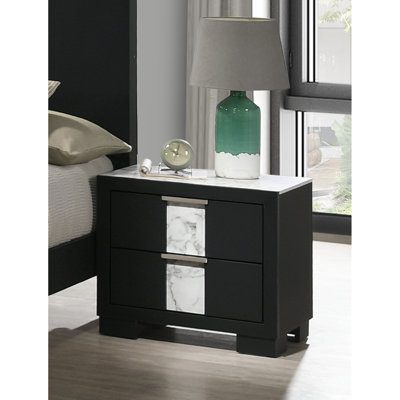 Two Drawers Nightstand For Bedroom - Black Finish And White Solid