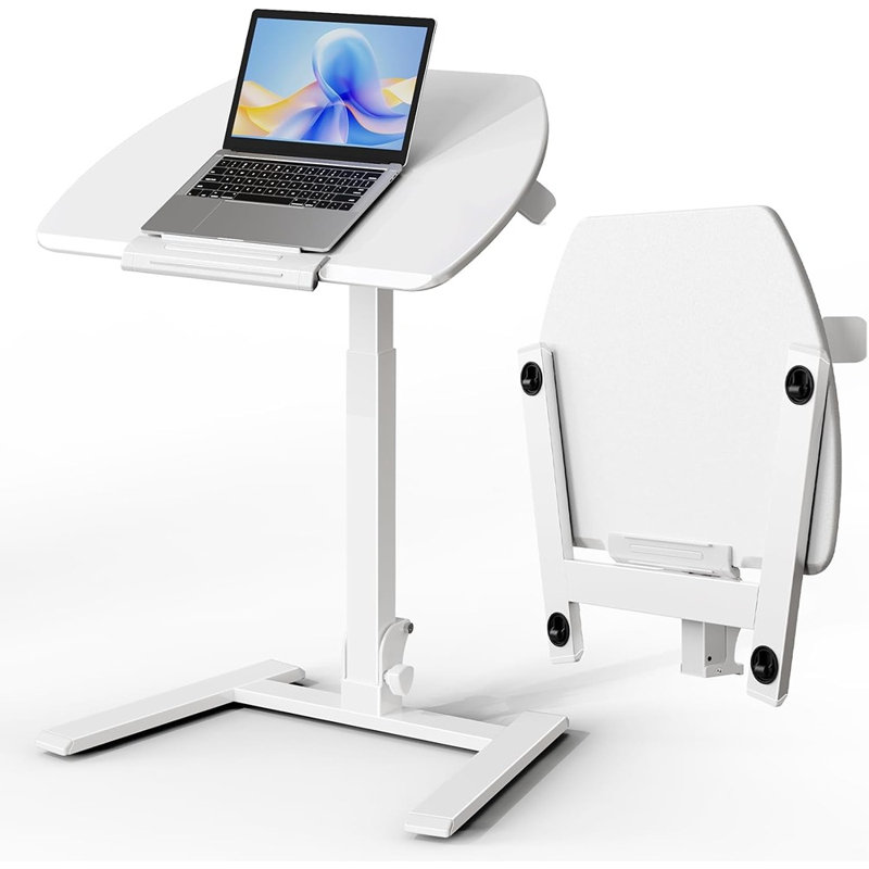 Bureau pliable assis-debout à roulettes avec hauteur réglable, plateau inclinable et roulettes dissimulées