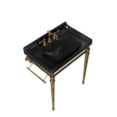 Vici 28" Bathroom Console Sink, Wall-Mounted Black Ceramic Vanity Basin With 3 Pre-Drilled Faucet Holes, Freestanding Stainless Steel Support Legs With Towel Bar, No Faucet & Sink Cover, Gold Color