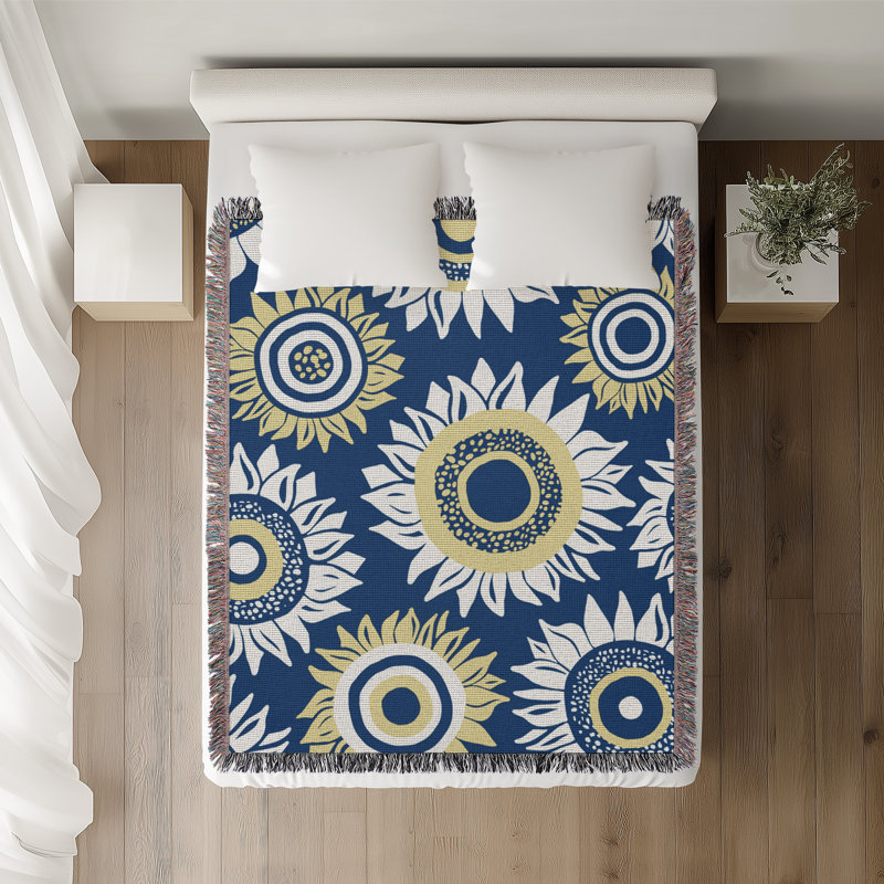Jeté en coton Frannie Sunflowers, Bleu, 50 x 70