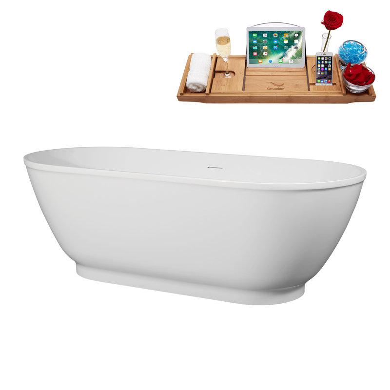 67" Streamline Soaking Freestanding Tub and Tray With Internal Drain, Glossy White