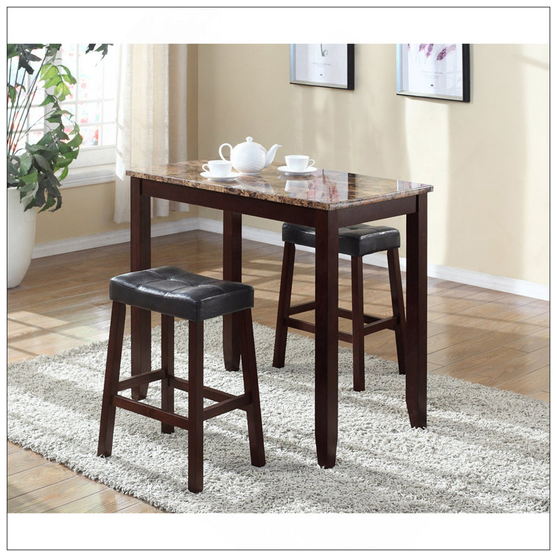 Table pour petit déjeuner 3 pièces à hauteur de comptoir avec imprimé brillant et tabourets, espresso
