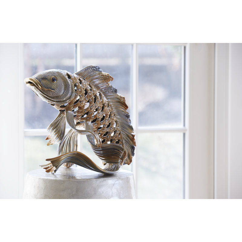 Handcrafted Brass Plated Koi Fish Figurine with Crystals