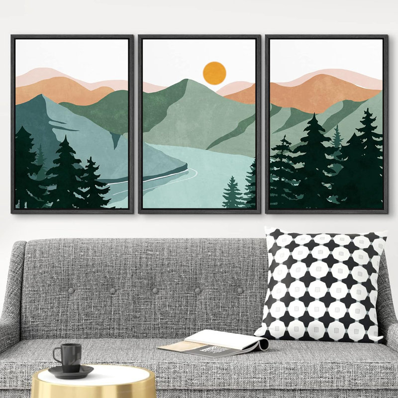 «Pastel Green Mountain Forest River», reproduction sur toile 3 pièces, H 24 po x l 48 po x P 1,5 po