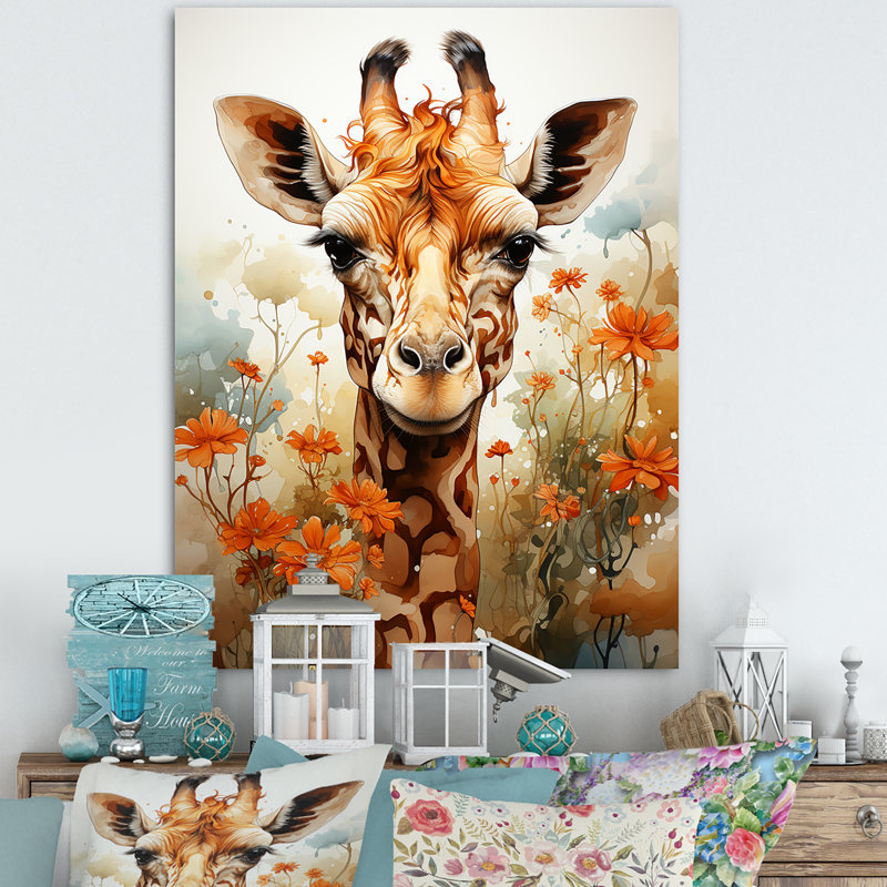 Adorable girafe dans un champ de fleurs sur toile, Toile tendue, H 32 po x l 24 po x P 1 po