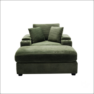 Canapé rembourré en velours côtelé avec rangement main courante, repose-pieds mobile, porte-gobelets et coussins amovibles pour plus de confort et de commodité