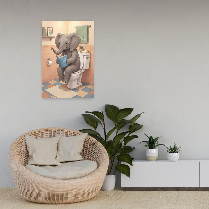 Elephant Reads On Toilet by Andreas Magnusson - Wrapped Canvas Print, 60.96 cm H x 40.64 cm W