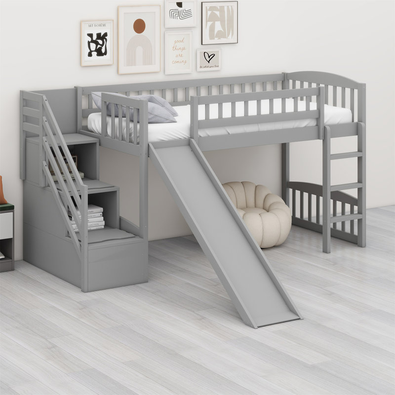 Loft Bed With Stairway And Slide, Gray