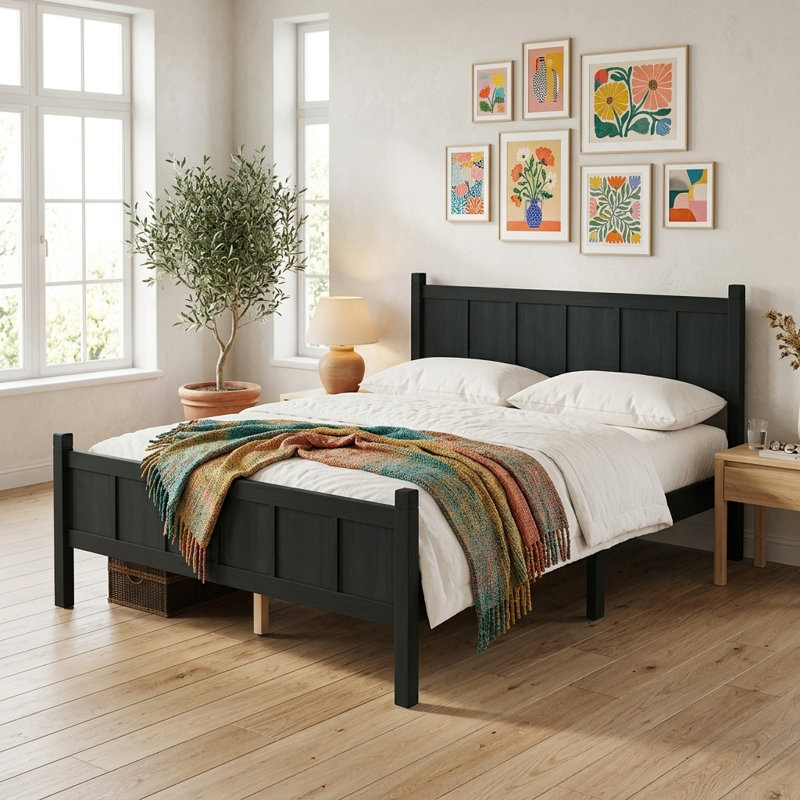 Base de lit plateforme en bois massif Lit de style campagnard en bois de pin, rangement sous le lit de 11,5 po, support de lattes robuste, cadre de lit moderne pour économiser de l'espace