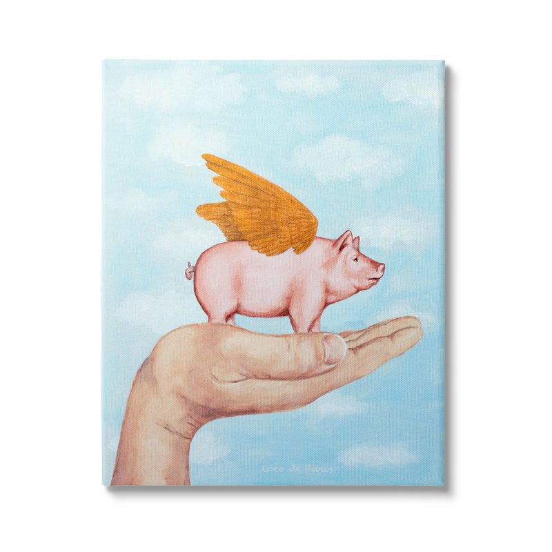 Illustration d'un cochon volant dans une aile de palmier par Coco de Paris - Peinture, Toile tendue