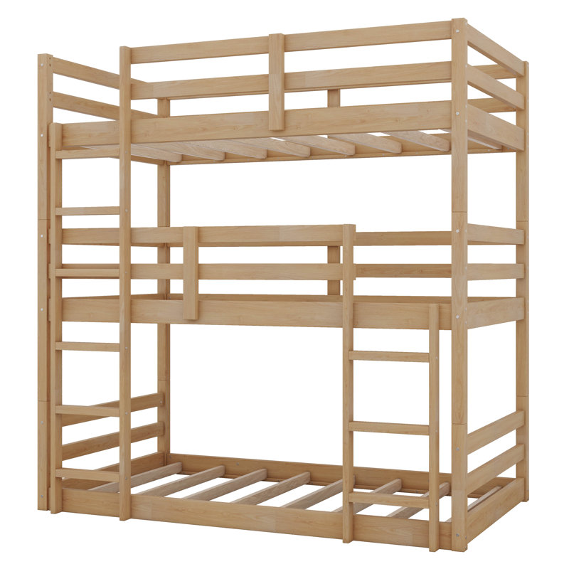 Twin Triple Rubber Wood Bunk Bed, With Ladders, White Oak