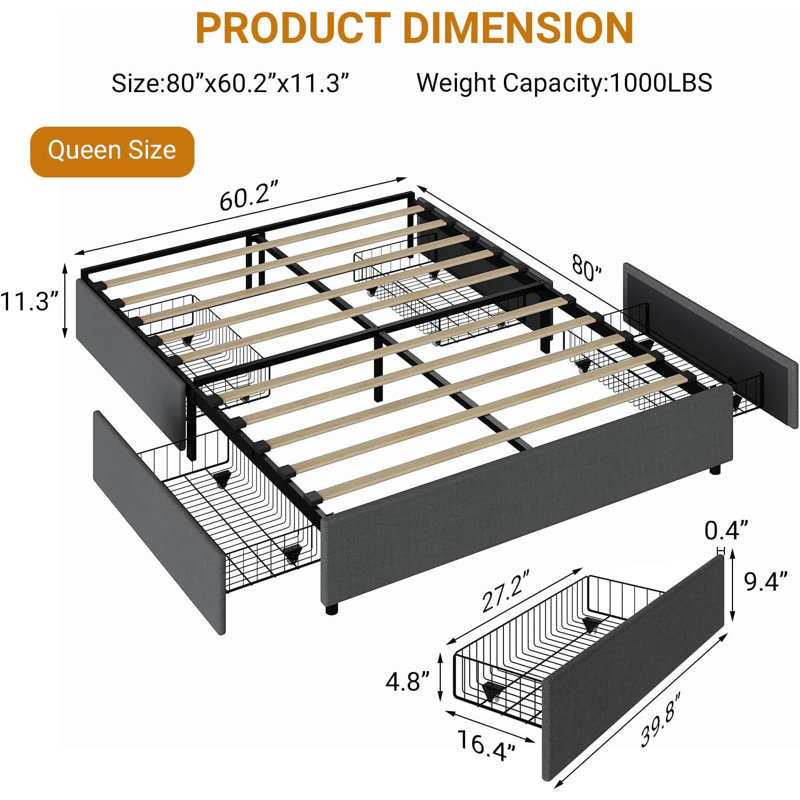 Structure de lit plateforme avec 4 tiroirs de rangement, support de lattes en bois, silencieux, assemblage facile, gris foncé