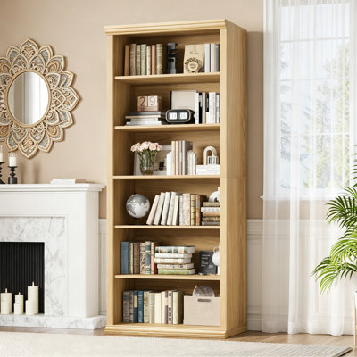 Bibliothèque en bois H 71,8 po x l 27,5 po avec moulures couronnées élégantes, larges tablettes pour le salon ou le bureau