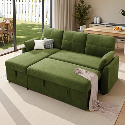 Sleeper Sofa Bed with Storage Chaise - L-Shaped Convertible Pull-Out Couch, Linen for Living Room