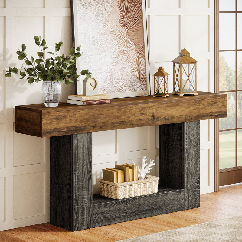 63" Wood Console Table for Entryway, Narrow Sofa Table Behind Couch for Living Room, Hallway, Dark Brown/Dark Gray