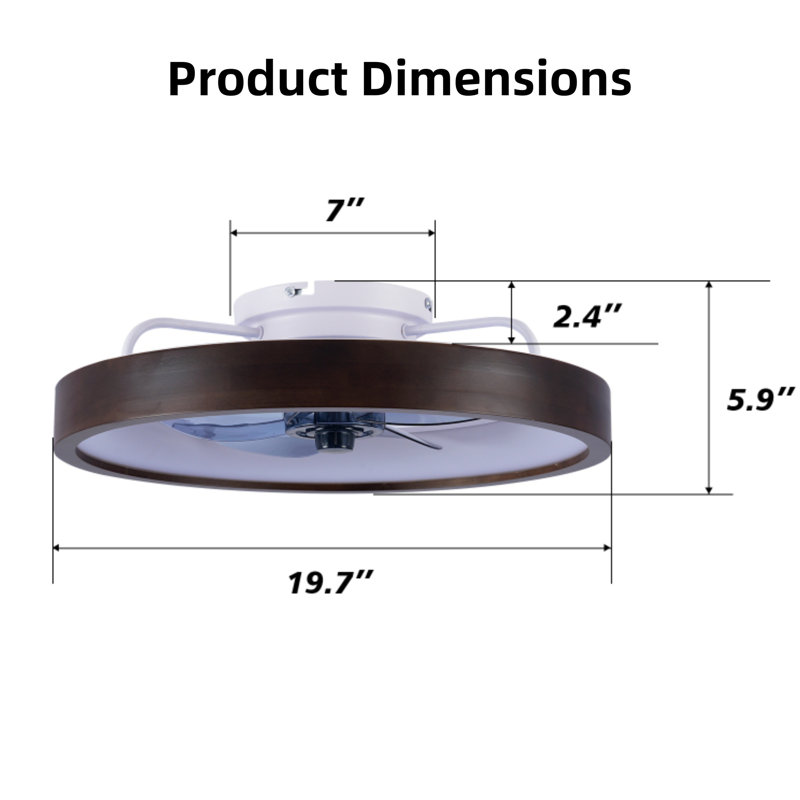 Ventilateur de plafond encastré moderne de 20 pouces avec luminaire (DEL), adapté aux salons, aux chambres à coucher, aux cuisines - grain de bois + blanc