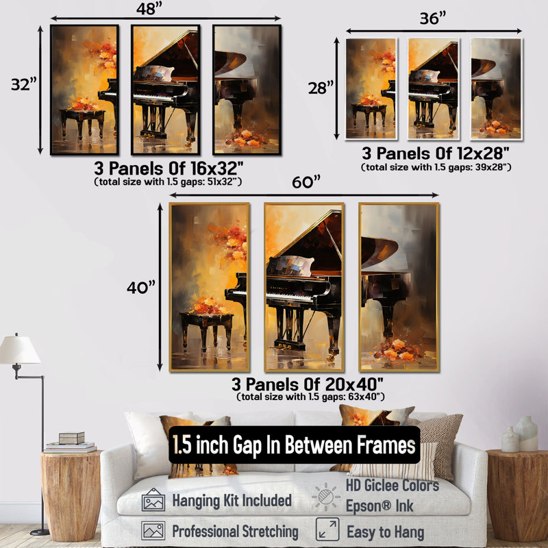 Floral, orange Grand Piano Serenade - Piano, art mural, Cadre flottant doré, H 28 po x l 36 po x P 1 po