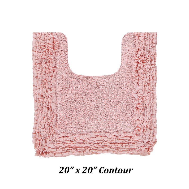Cabeza 100% Cotton Tufted U-Shaped Contour Bath Rug, Soft Absorbent Toilet Mat with Non-Slip Spray Latex Backing, Decorative Ruffle Border, 20" x 20", Pink