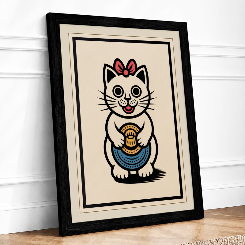 Welcoming Fortune Cat Japandi - Framed Print, A1 - 84.1 x 59.4 cm, Black