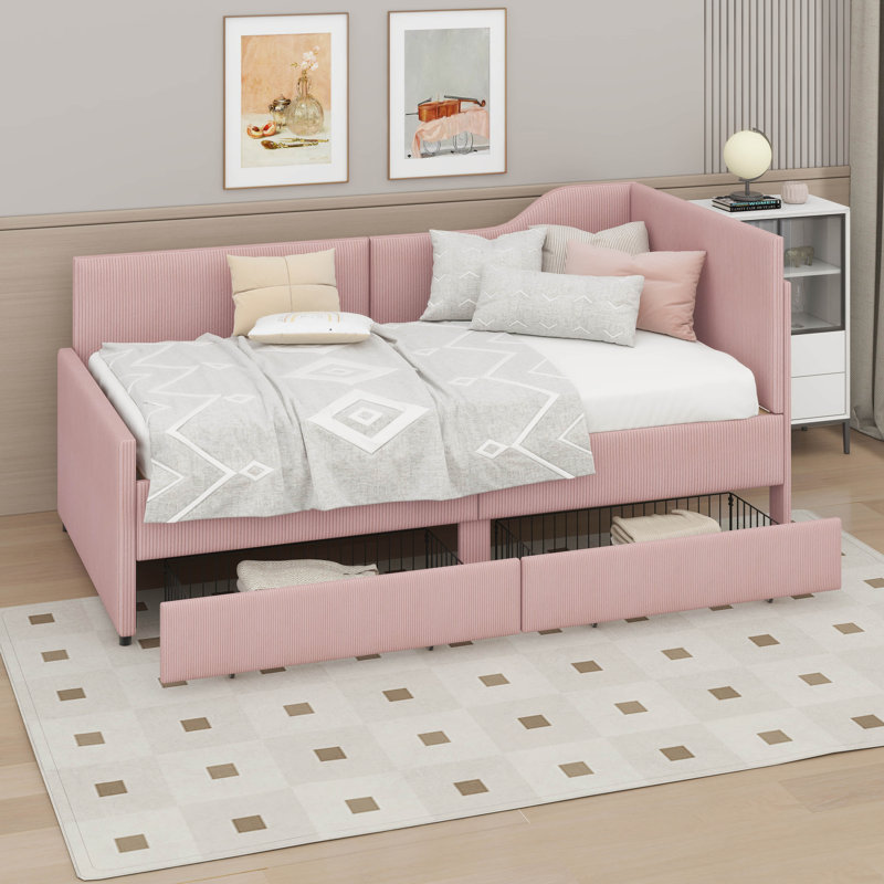 Anarkali Twin Size L-Shaped Corduroy Daybed with 2 Storage Drawers, Pink