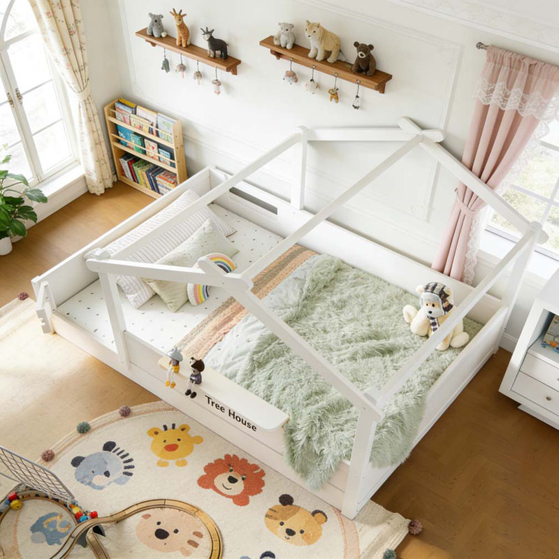 Lit de plancher avec garde-corps et toit, lit de plancher pour maison d'enfant avec petit plateau intégré et panneau d'installation libre