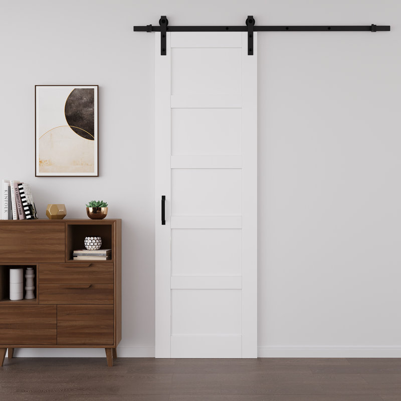 Porte de grange en bois manufacturé blanc massif à 96 panneaux H 96 po x l 28 po avec quincaillerie d'installation (aucun assemblage requis et peut être peint)