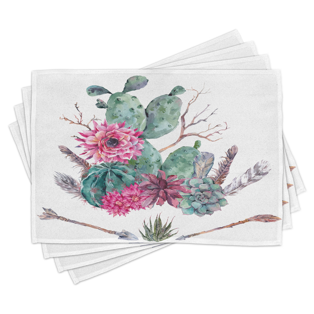 Platzdeckchen 4er Set, Exotischer Blumenstrauß Vintage, Grün Rosa Braun