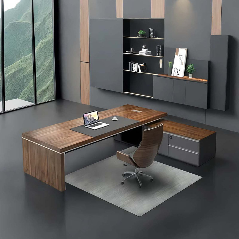 Bureau d'ordinateur Iser Office, bureau de direction moderne noyer et gris foncé avec casiers latéraux