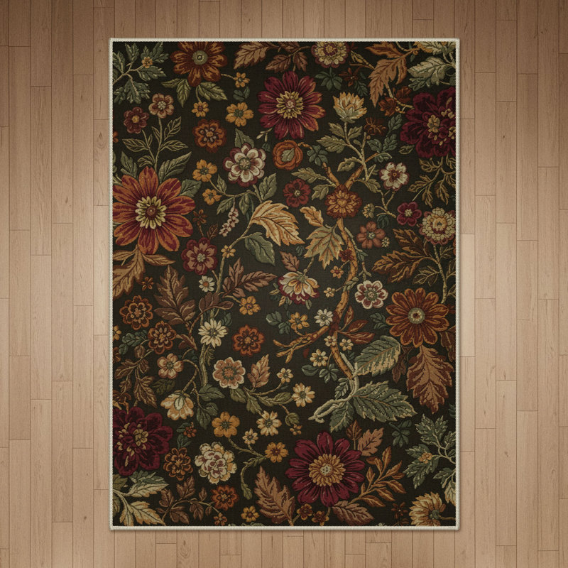 Tapis d'intérieur brun / vert / rouge lavable à la machine Ammons Blossom avec envers antidérapant, Rectangle 5 pi x 7 pi