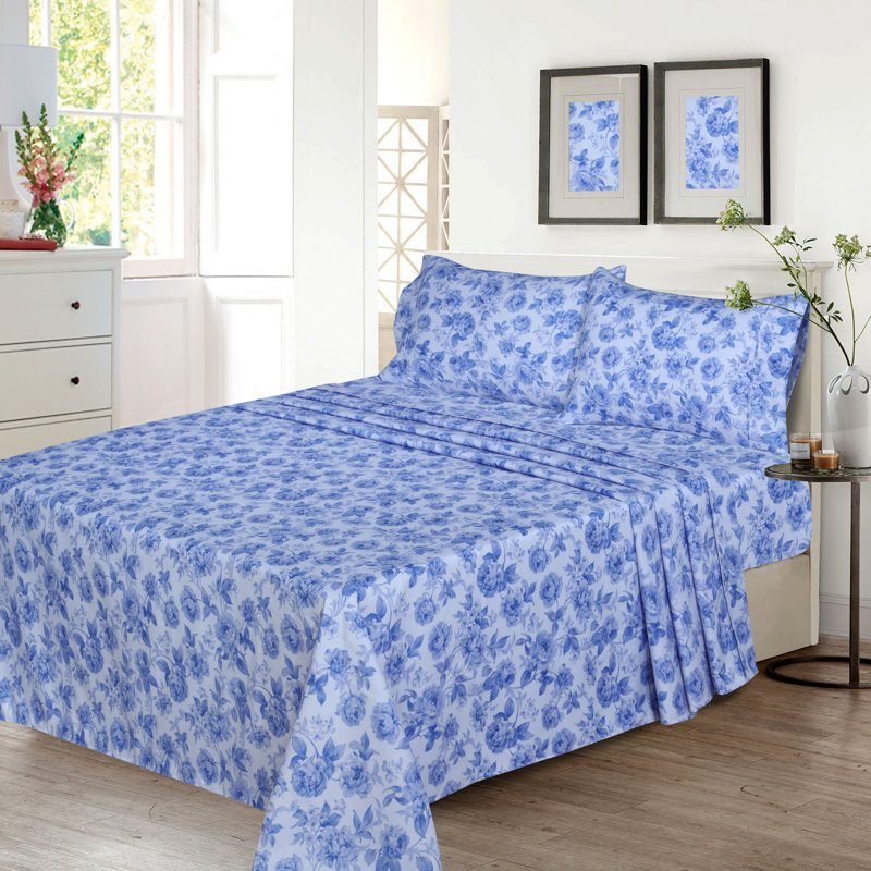 Ensembles de draps 100% microfibre brossée 4 pièces de draps de 16 po, Lavage à l'encre bleu, Très grand, Floral