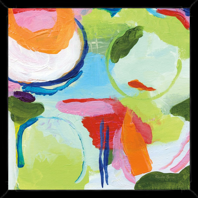 «Vibrant Abstract Shapes in Green and Orange», art mural sur toile encadrée, 36" H x 36" W, Black