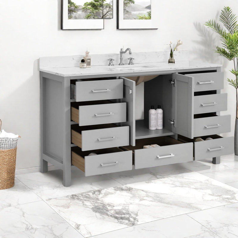 Élégant meuble-lavabo en bois 60 po avec lavabo, design gris moderne