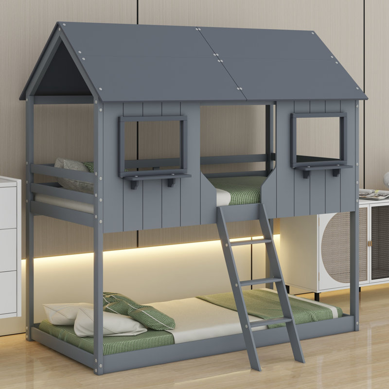 Bunk Bed With Roof, Window, Guardrail, Ladder, Gray