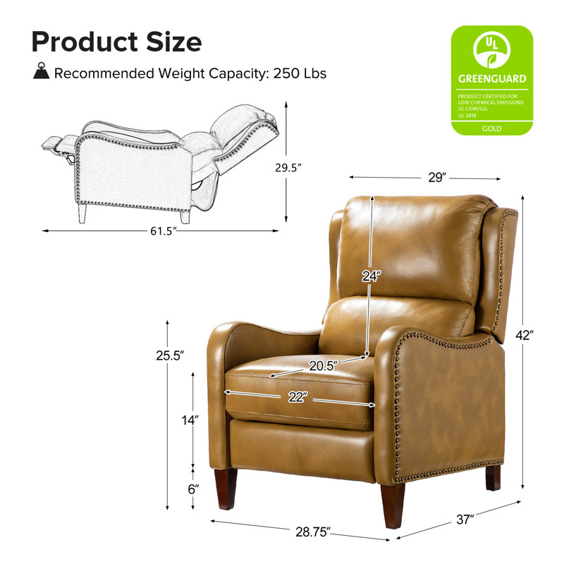 Beecher 28.75" Wide Leather Club Recliner, Camel Full Grain Leather