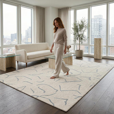 Tapis en laine à motifs abstraits tufté à la main, beige gris, 9,7 x 14