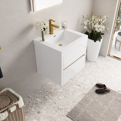 Meuble-lavabo de 24 po avec lavabo, blanc brillant. Pré-assemblé pour une installation facile. Rangement intérieur spacieux en forme de U. Système de tiroir à fermeture silencieuse. Comptoir en résine de pierre. - Armoire en bois. Invisible